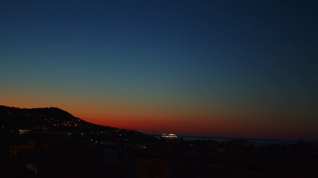 4K French Riviera Nice beautiful dawn over Nice with cruise ship arriving slow motion