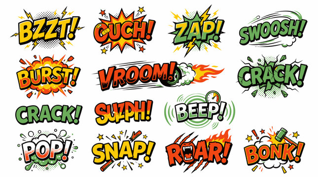 Cartoon action sound effect stickers and comic book elements.