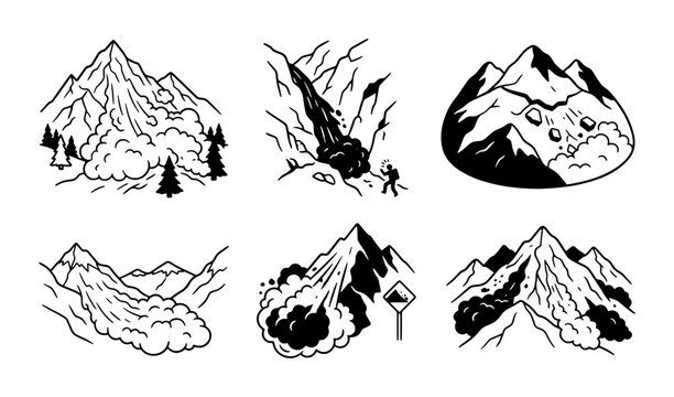 Avalanche Danger Icons, Mountain Snow Slide Vector Graphics, Natural Disaster Warning Symbols