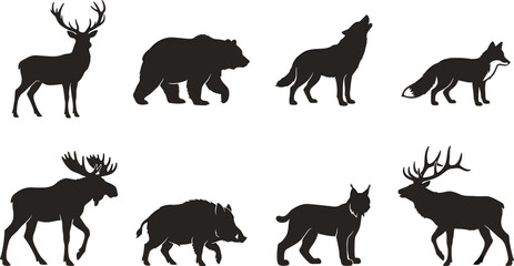 Fototapeta premium Wild Forest Animal Silhouette Collection Featuring Deer Bear Wolf Fox Moose Boar Lynx and Elk