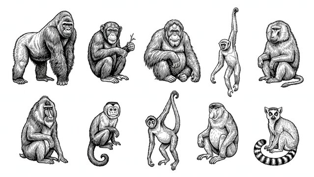 Vintage primates and monkeys engraving vector illustration collection set