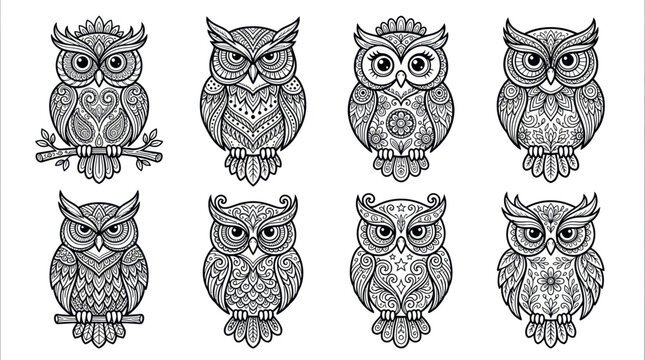 Set of 8 Hand-Drawn Decorative Owl Illustrations, Zentangle Style, Black and White