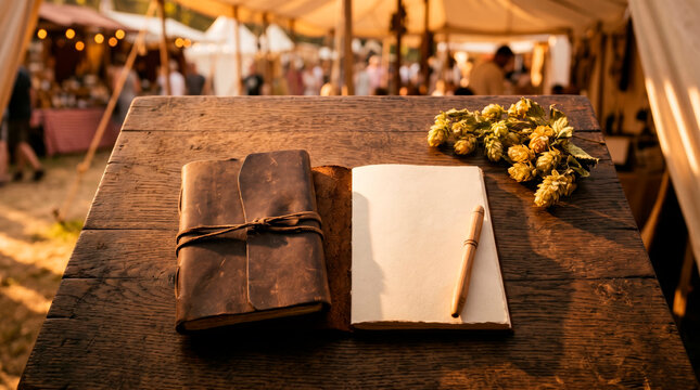 Open vintage leather notebook with hops on rustic wooden table at festive Oktoberfest setting for German tradition and journal content with copy space