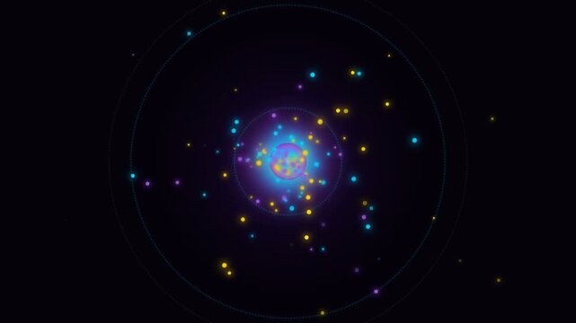 Abstract colorful quantum particle orbit spinning on dark background