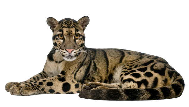 Clouded leopard lying down with distinctive cloud-like markings