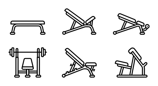 Adjustable Weight Bench Icons, Flat Bench, Incline Decline Gym Equipment Vector Set