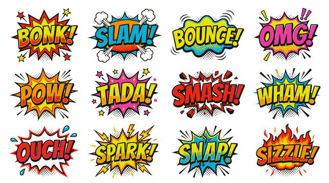 Retro comic sound effect stickers with bonk slam and pow.