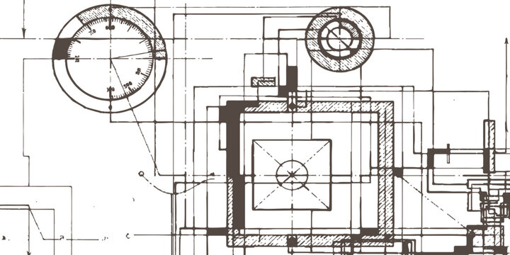Vintage engineering technical architectural blueprint diagram drawing with mechanical draft cross sections vector illustration background.