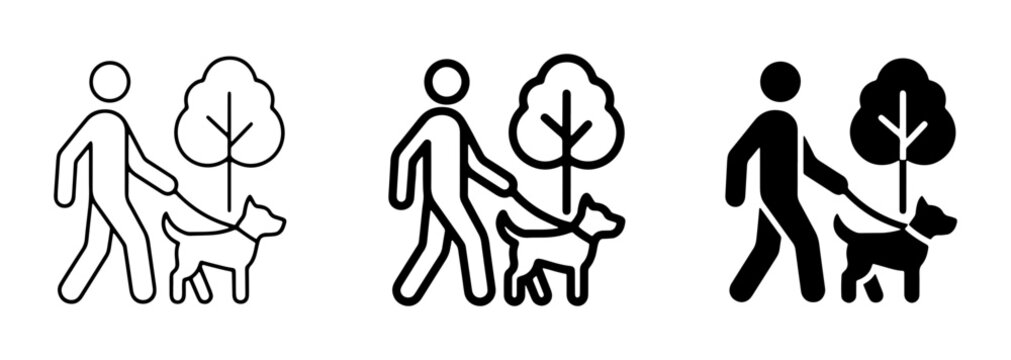 Dog Walking Icon Set, Pet Owner Silhouette, Park Activity, Outdoor Leisure, Simple Vector Graphics