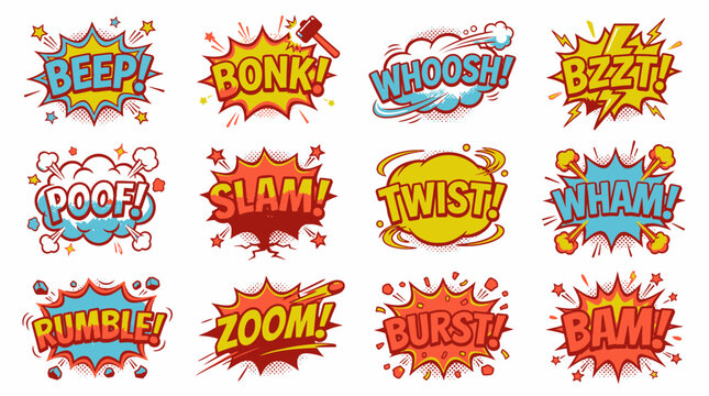 Retro comic sound effect stickers with explosion and motion.