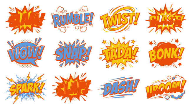 Retro comic sound effect stickers with Slam Rumble and Twist.