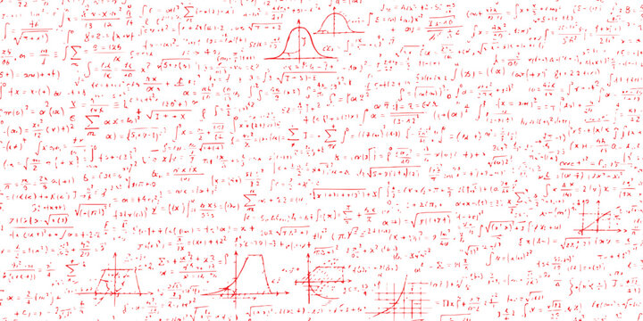 Complex mathematical formulas physics equations and graphs handwritten in red ink on white background vector illustration.