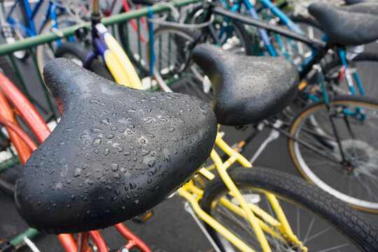 Close-up of water drops on a bicycle seat