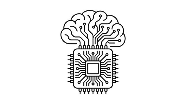 Human brain integrated with computer processor microchip on white background.