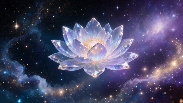 Rotating crystal lotus in cosmic space. Meditation background