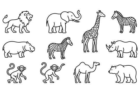 Black line drawings of various wild animals standing alone side by side