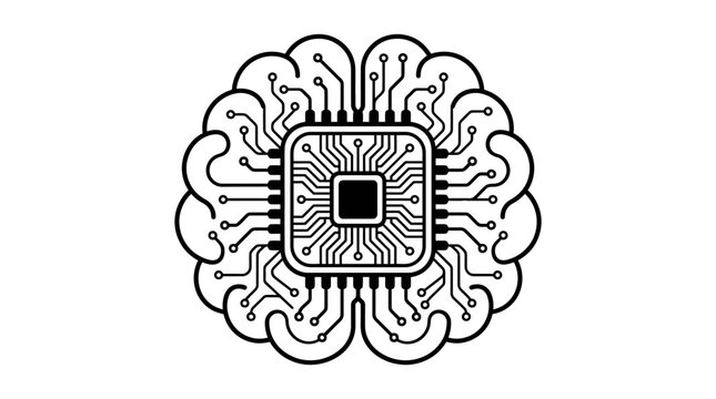 Brain network illustration with embedded computer chip processor.