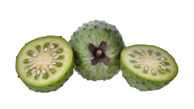 Whole and halved feijoas showing green skin and white pulp with seeds