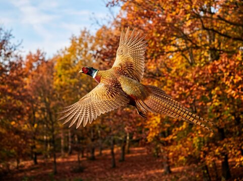 Pheasant in flight against a vibrant autumn forest backdrop.