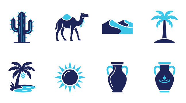 Desert icons feature a cactus, camel, sand dunes, palm tree, oasis, sun, and ancient clay vases.