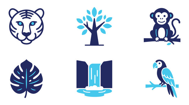 Wildlife icons depict a tiger head, tree, monkey on a branch, monstera leaf, waterfall, and parrot.