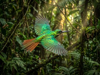 Obraz premium Vibrant Green Jacamar Bird in Flight Through Lush Rainforest.