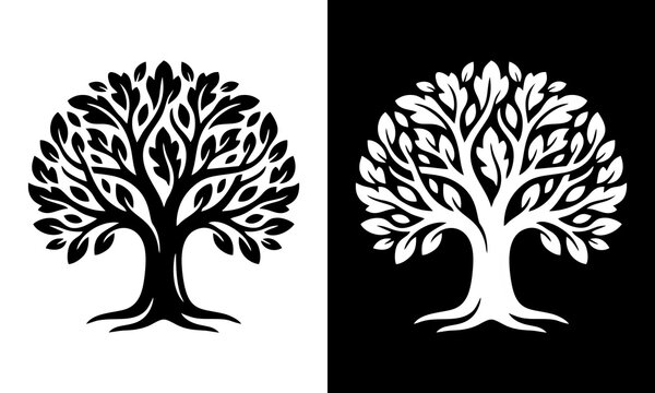 Stylized tree of life icons with roots and leaves in black and white