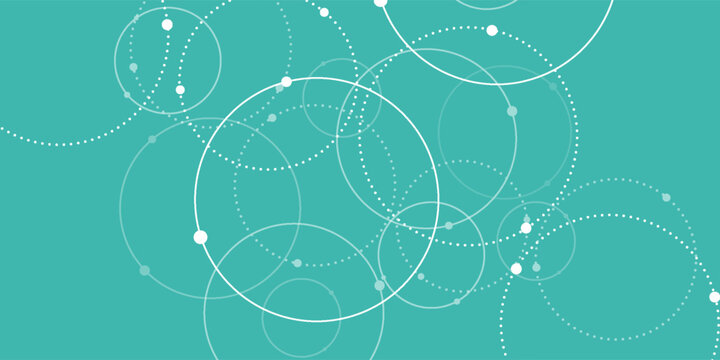 Abstract vector illustration with overlapping circles, dots and dashed circles. Science and connection concept. Wide molecule structure background.