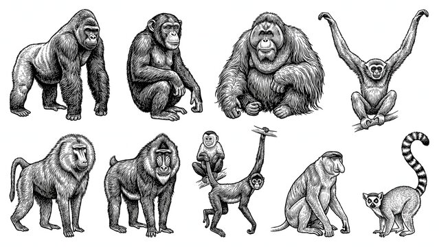 Vintage apes and monkeys engraving vector illustration collection set