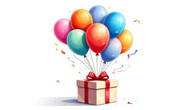A vibrant illustration showcasing a gift box tied with a red bow, balloons of various colors floating above it with colorful confetti