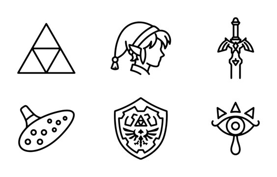 Video Game Icons: Triforce, Elf, Sword, Ocarina, Shield, Eye Symbols