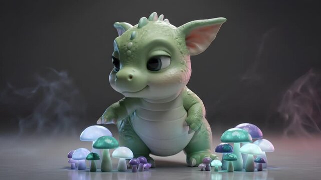 Cute green cartoon baby dragon sitting with colorful easter eggs in smoky atmosphere