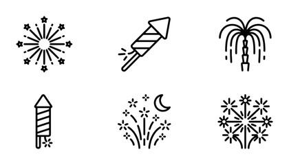 Fireworks Icons Set, Celebration Pyrotechnics Vector Graphics, Festive Explosions and Rockets © AbKuddus