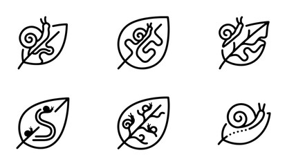 Snail on Leaf Icons, Nature Maze Vector Graphics, Organic Garden Line Art Set © Hasan