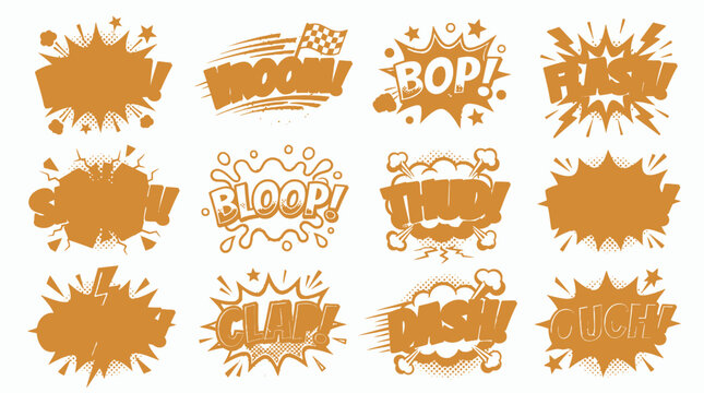 Monochromatic orange comic book sound effect bubbles and onomatopoeia set.