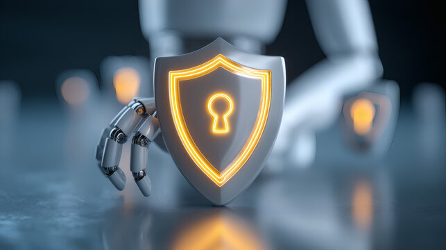 composition of robotic arm and human hand centered on reflective surface holding dual glowing shields, binary digits float upward while soft neon hues illuminate scene, blurred background adds 