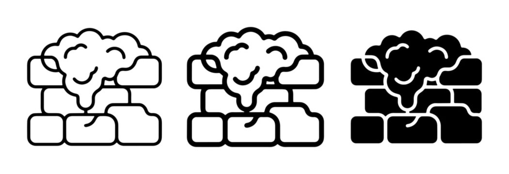 Brick Wall Icons, Damaged Structure, Crumbling Facade, Grunge Texture, Vector Set