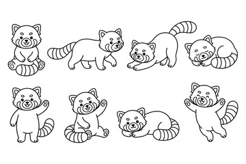 Obraz premium Set of red panda cartoon illustrations in different poses and emotions line art