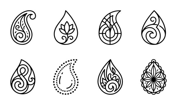 Elegant Paisley Icons, Decorative Droplet Shapes, Floral Ornaments, Vector Elements for Design
