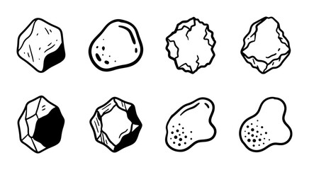 Set of 8 Hand-Drawn Stone Icons, Rough Rock Shapes, Natural Pebbles, Abstract Geology Elements © Hasan