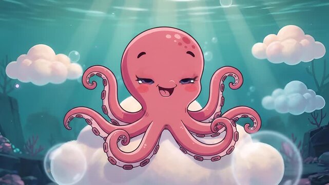 Whimsical pink octopus surfs on fluffy clouds in a sunlit underwater cartoon scene