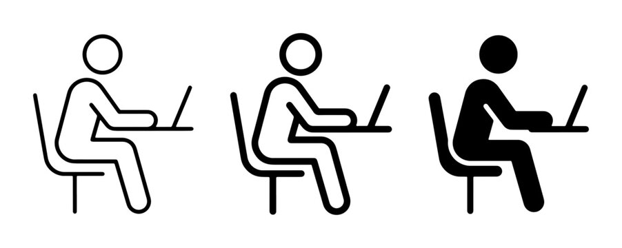 Person Working on Laptop Icons: Outline, Line Art, Solid Silhouette, Office Desk Setup