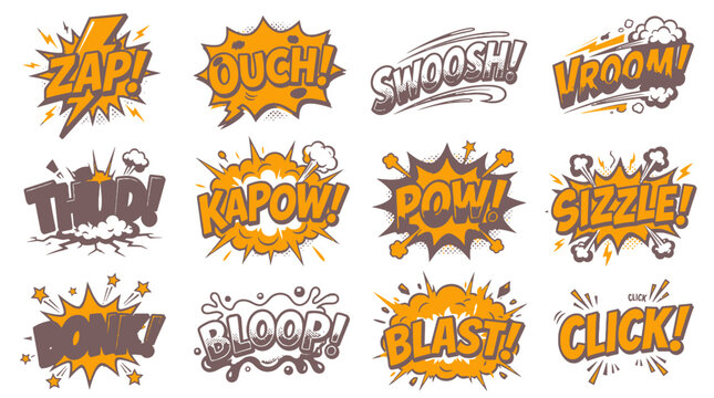 Monochromatic orange comic bubbles with zap and swoosh.