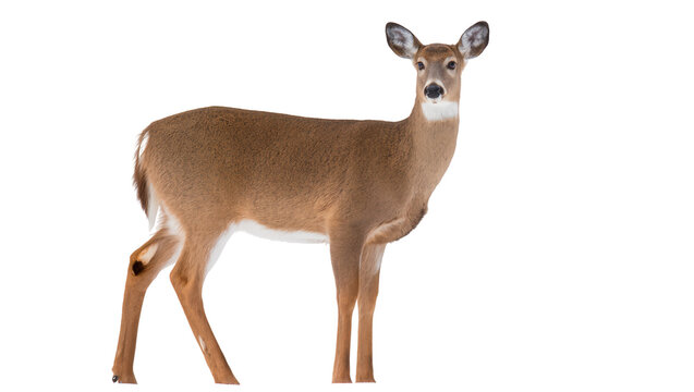 White-tailed deer doe standing facing left, white