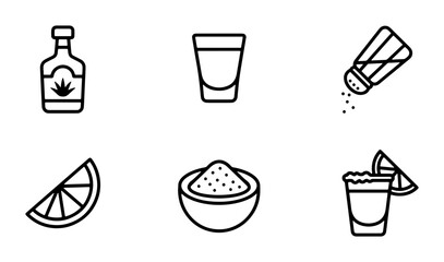 Tequila Shot Icons, Lime Slice, Salt Shaker, Agave Spirit Bottle, Margarita Glass, Bar Elements © Mizan