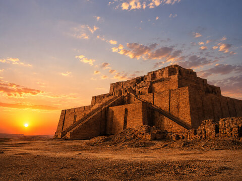 Ancient stepped ziggurat ruin at sunset