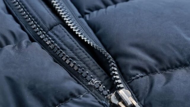 Broken zipper on a navy blue padded winter coat, metallic and plastic, clothing repair