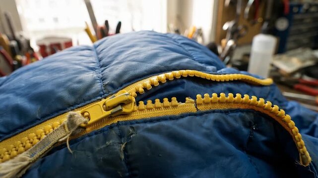 Broken yellow plastic zipper teeth on a blue puffer jacket being repaired in a workshop