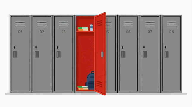 School hallway with gray metal lockers one red locker is open revealing books a backpack and a water bottle inside