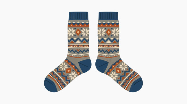 Cozy Winter Socks with Nordic Fair Isle Pattern in Blue Orange and Gray